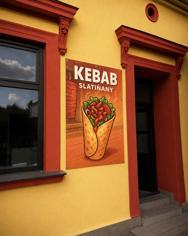Fasáda provozovny Kebab Slatiňany - žlutá budova s červenými rámy oken a bannerem